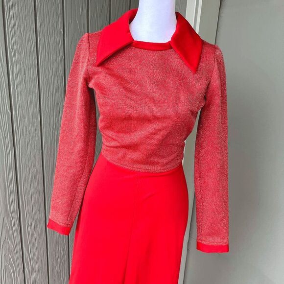 Vintage 1970s Red Glitter Knit Maxi Dress Dramatic Collar Disco XS/S - Picture 9 of 9
